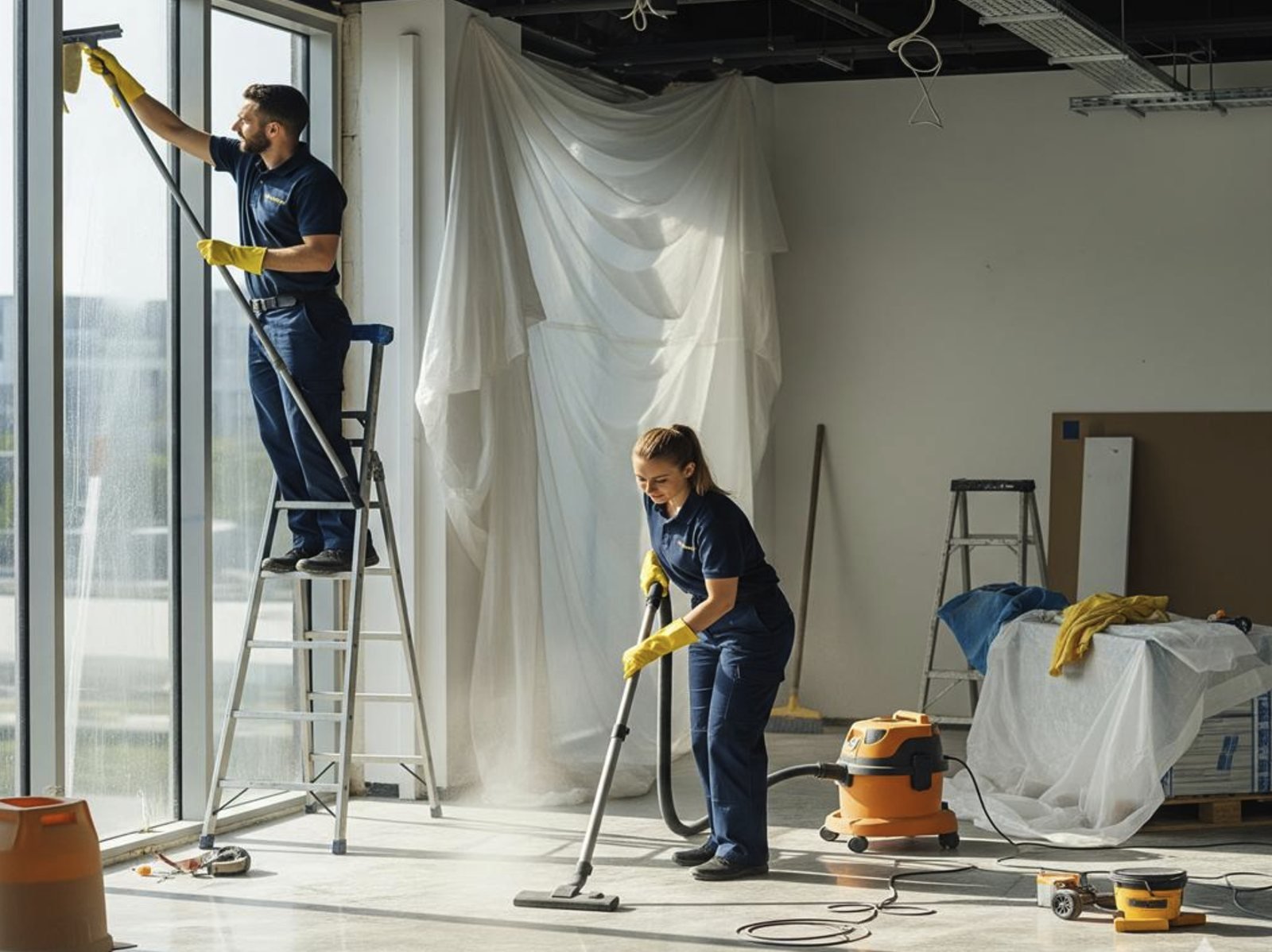 Interior refurbishment site with ladders and materials
