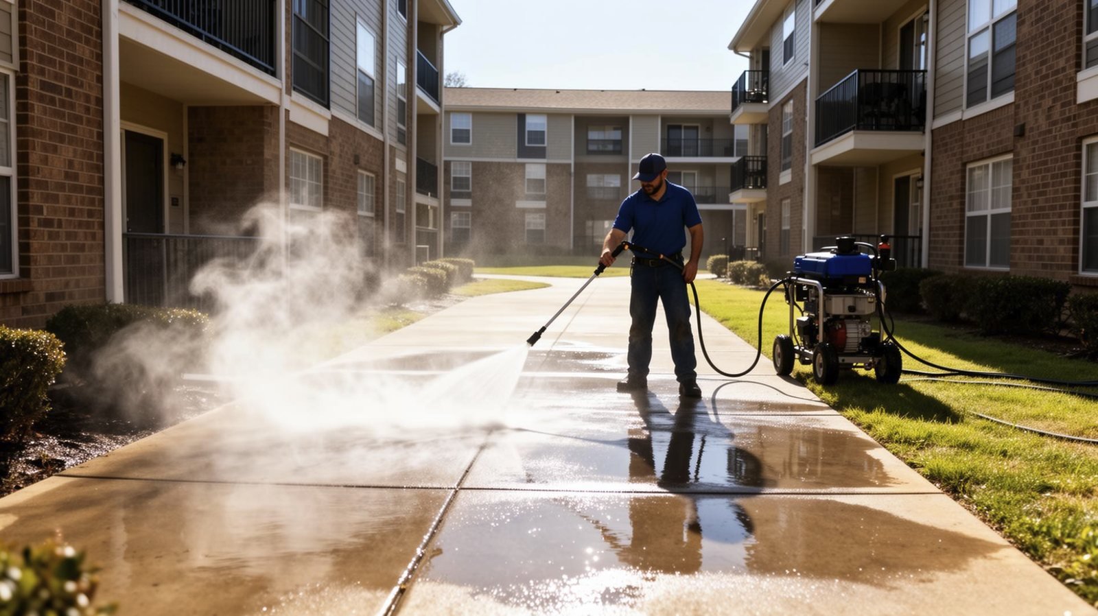 Pressure washing an apartment complex walkway