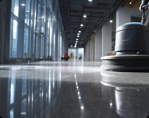 Floor scrubber polishing a commercial corridor floor