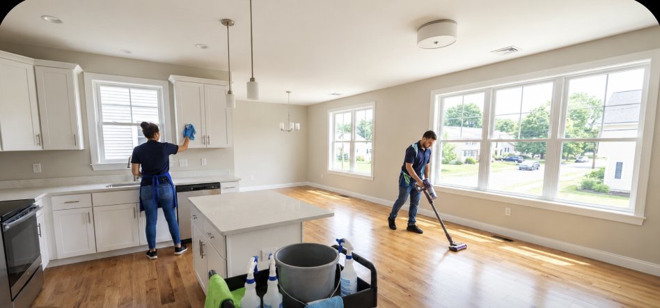Eco Sparkle crew wiping cabinets and vacuuming an empty home before handover